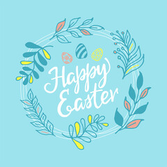 Colorful happy Easter card with hand lettering. Design for printing, doodle style and lettering.