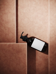 Mediterranean style mockup for product presentation. Cosmetic bottle on terracotta platform with leaf shadow. Clipping path of each element included. 3d rendering illustration. 