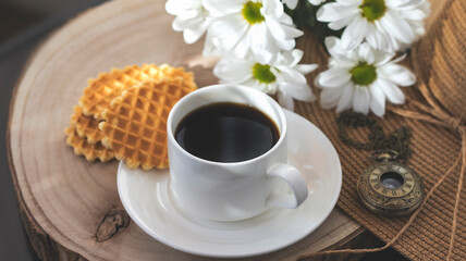 White cup with black coffee. Morning coffee, breakfast, cookies, tropical leaf, wicker hat. Summer sunny background. Breakfast on vacation at the hotel. Traveling at sea, close-up.
