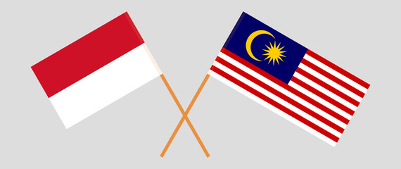 Crossed flags of Indonesia and Malaysia. Official colors. Correct proportion