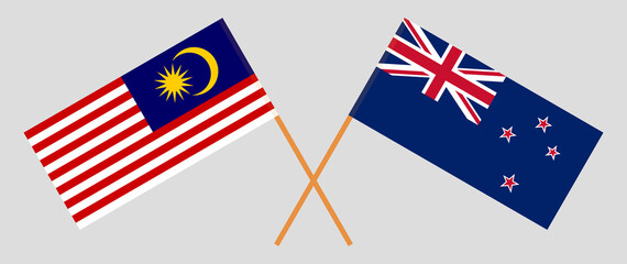 Crossed flags of Malaysia and New Zealand. Official colors. Correct proportion