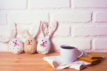 Morning breakfast. Easter composition with cookies and a cup of coffee. Easter food background. space for text