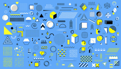 Memphis design elements mega set. Geometric line graphic shapes, modern hipster circle triangle square template. Abstract retro 1990s style elements for web banner, posters, covers design. Blue,yellow © ZinetroN