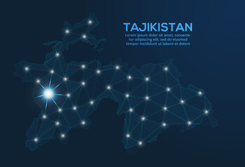 Tajikistan communication network map. Vector low poly image of a global map with lights in the form of cities. Map in the form of a constellation, mute and stars
