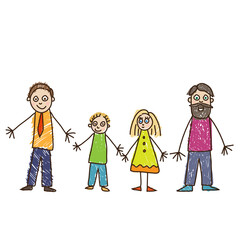 Kids Drawing style. Same sex parenthood.  Family with two fathers, son and daughter in bright clothes vector illustration