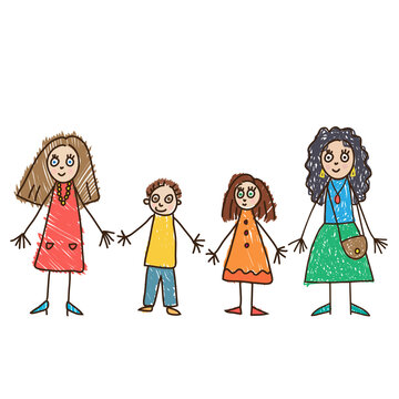 Kids Drawing Style. Same Sex Parenthood.  Family With Two Mothers, Son And Daughter In Bright Clothes Vector Illustration