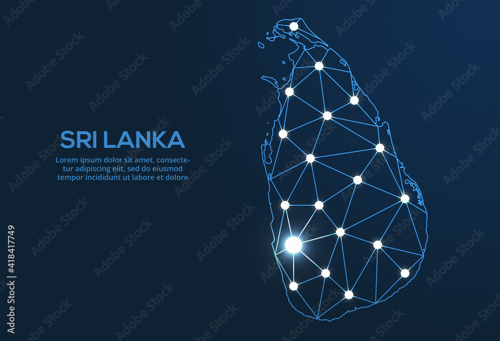 Poster sri lanka communication network map. vector low poly image of a global map with lights in the form o