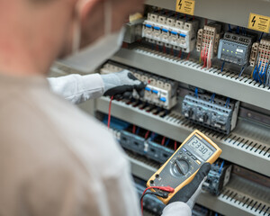Electricians hands testing current electric in control panel