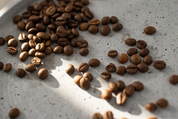 coffee beans on a gray tray