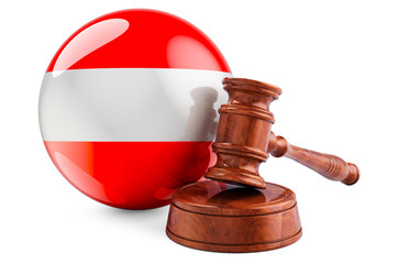 Austrian law and justice concept. Wooden gavel with flag of Austria. 3D rendering