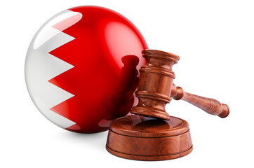 Bahraini law and justice concept. Wooden gavel with flag of Bahrain. 3D rendering