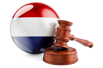 The Netherlands law and justice concept. Wooden gavel with flag of the Netherlands. 3D rendering