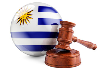 Uruguayan law and justice concept. Wooden gavel with flag of Uruguay. 3D rendering