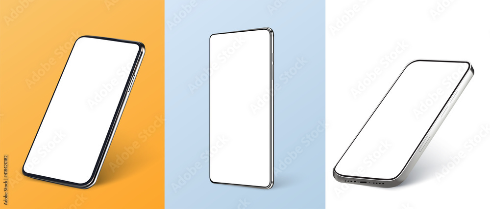 Poster smartphone frame less blank screen, rotated position. 3d isometric illustration cell phone. smartpho