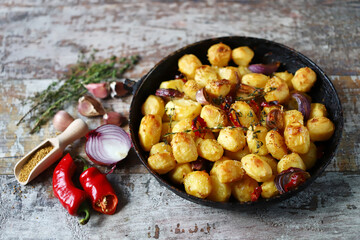 Selective focus. Baked mini potatoes in a frying pan.