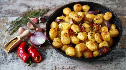 Selective focus. Baked mini potatoes in a frying pan.
