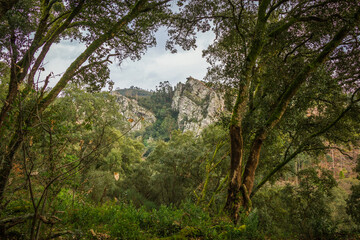Fototapeta na wymiar Rocky formation in the top of the mountain. Beautiful mountain landscape in the tourist region of Aldeias de Xisto - Fragas de Sao Simao, Portugal.