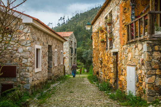 Stone houses in the mountain village of Casal de Sao Simao. Tourist region of Aldeias de Xisto, Portugal