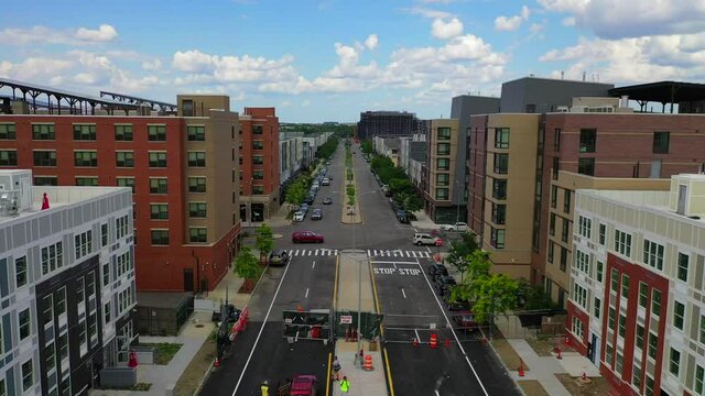 High Speed Flyover Street View of Beautiful New Urban Housing Neighborhood
