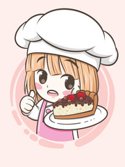 cute bakery chef girl holding a cake and bread - cartoon character and logo illustration