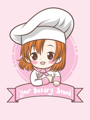cute bakery chef girl holding a cake and bread - cartoon character and logo illustration