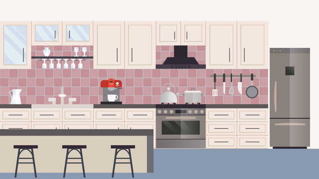 Kitchen interior witn furniture cartoon vector illustration