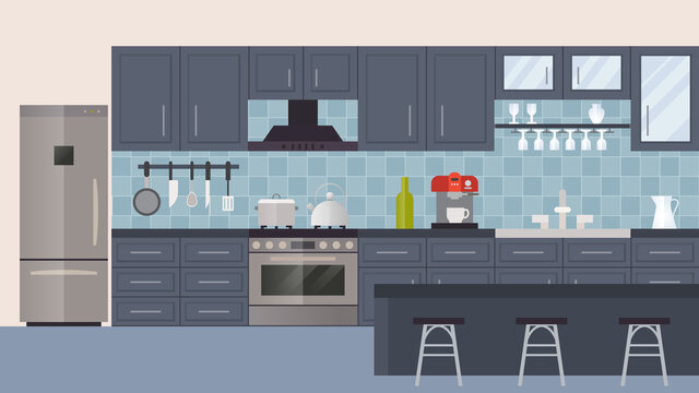 Kitchen interior witn furniture cartoon vector illustration