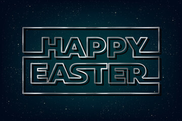Happy Easter Silver Metallic Future Space Style Logo Lettering as Greeting Creative Concept - Chrome on Turquoise Night Sky Illusion Background - Mixed Graphic Design