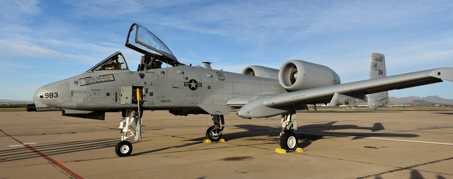 An Air Force A-10 Warthog/Thunderbolt II parked on a runway.