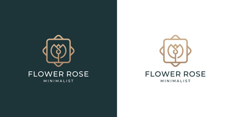 Luxury rose flower logo design with line art style