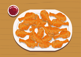 Fried Chicken pieces consists of legs or drumsticks on white plate with ketchup concept. Editable Clip Art.