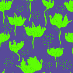 Bright floral pattern. Seamless background. Hand drawn modern illustration of large flower heads  on solid color. Cloth, web, attachment, stationery design