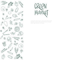 Green market sign with vegetables frame for price list. Handwritten lettering fresh font. Vector stock illustration isolated on white background. EPS10