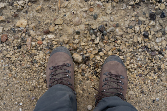 Looking down at hiking boots