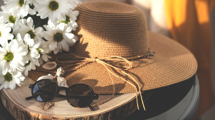 Women's wicker hat with sunglasses, a bouquet of white daisies. Summer subject background, Vacation...