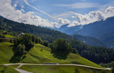 Panoramic view of beautiful landscape in the Swiss Alps