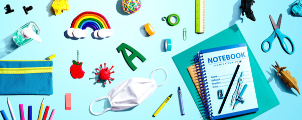 Back to school after Covid-19 theme - flat lay