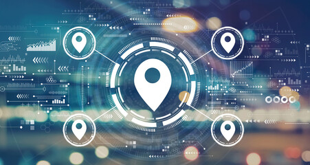 Map pin concept with blurred city abstract lights background