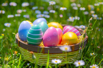viele bunte Ostereier in einem Korb auf der Wiese	