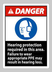 Danger Sign Hearing Protection Required In This Area, Failure To Wear Appropriate PPE May Result In Hearing Loss