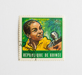  Guinea Republic Postage Stamp. circa 1972. The fight for measles and smallpox control. vaccination boy