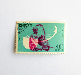  Guinea Republic Postage Stamp. circa 1962. Traditional music instruments. Bolon Series