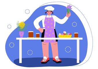 The happy cook was baking pies. Preparation for the Easter holiday, mimosa branches in a vase. There are cakes on the table, and painted eggs on a plate. Vector illustration in cartoon style.
