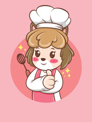 cute female dog chef holding a hand mixer. bakery chef concept. cartoon character and mascot illustration.