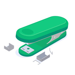 Stationery green stapler with staples for stapling paper documents isometric vector illustration