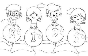 Coloring book for kids. 4 Happy Kids On Flying Balloon In The Sky