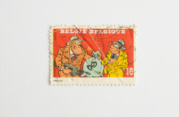 Postage Stamp. BELGIUM - CIRCA 1995: A stamp printed in Belgium shows the adventures of two bodyguards, "Attaway et Gorilles Jack Sammy Day" publication of Dupuis, 