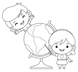 Coloring book for kids. Smiley Girl Pointing and Boy Learning With The World Globe Illustration