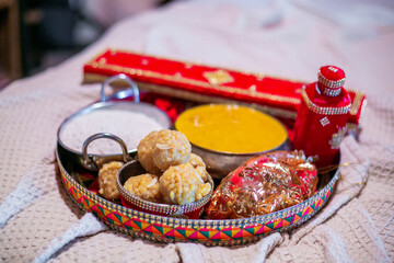 Indian Punjabi Maiyan pre wedding ceremony ritual items close up