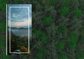 Illustration with mountain landscape photo over forest in background